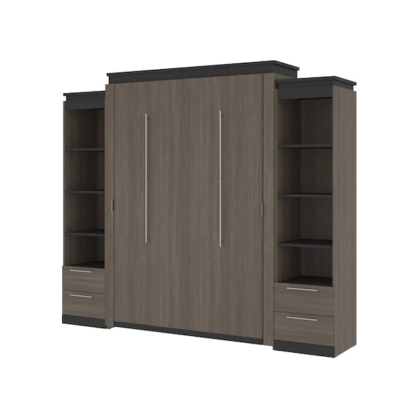 Orion 104W Queen Murphy Bed and 2 Narrow Shelving Units with Drawers (105W), Bark Gray & Graphite